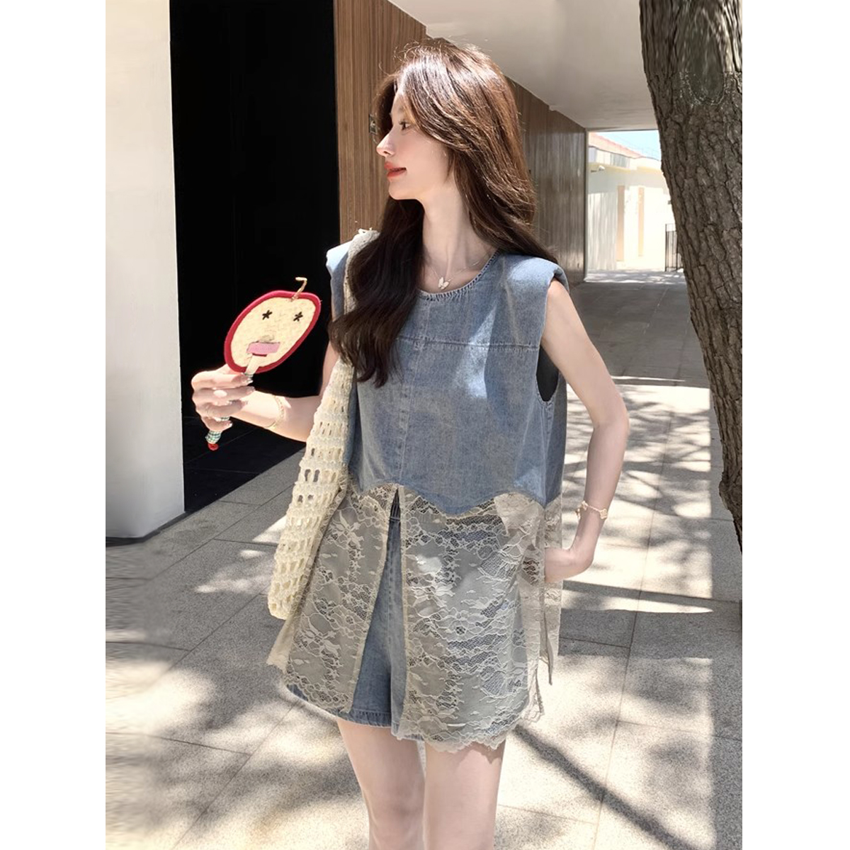 【连衣裙】蕾丝拼接牛仔短裤套装夏小个子巨好看高级感两件套Z6748