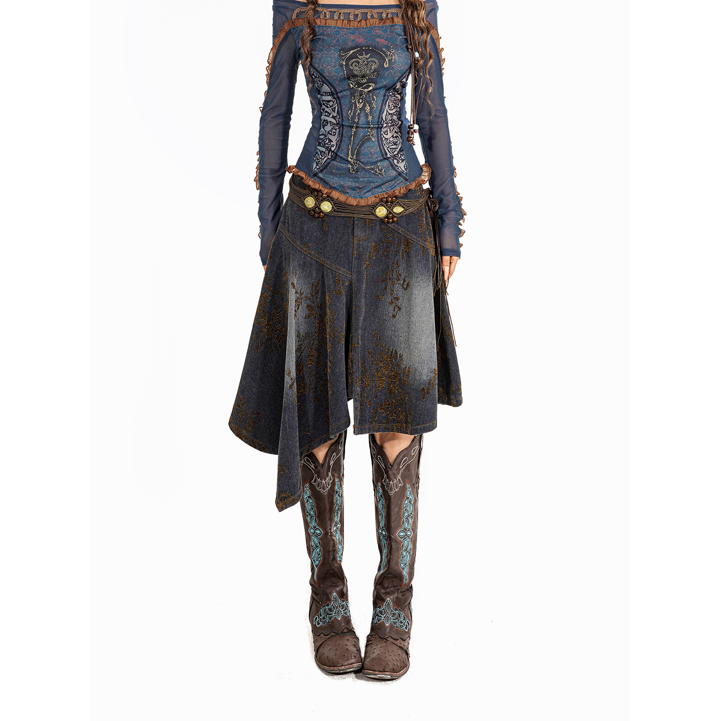 Arielink美式独特印花不规则牛仔半身裙秋冬女百搭中长裙B25A945