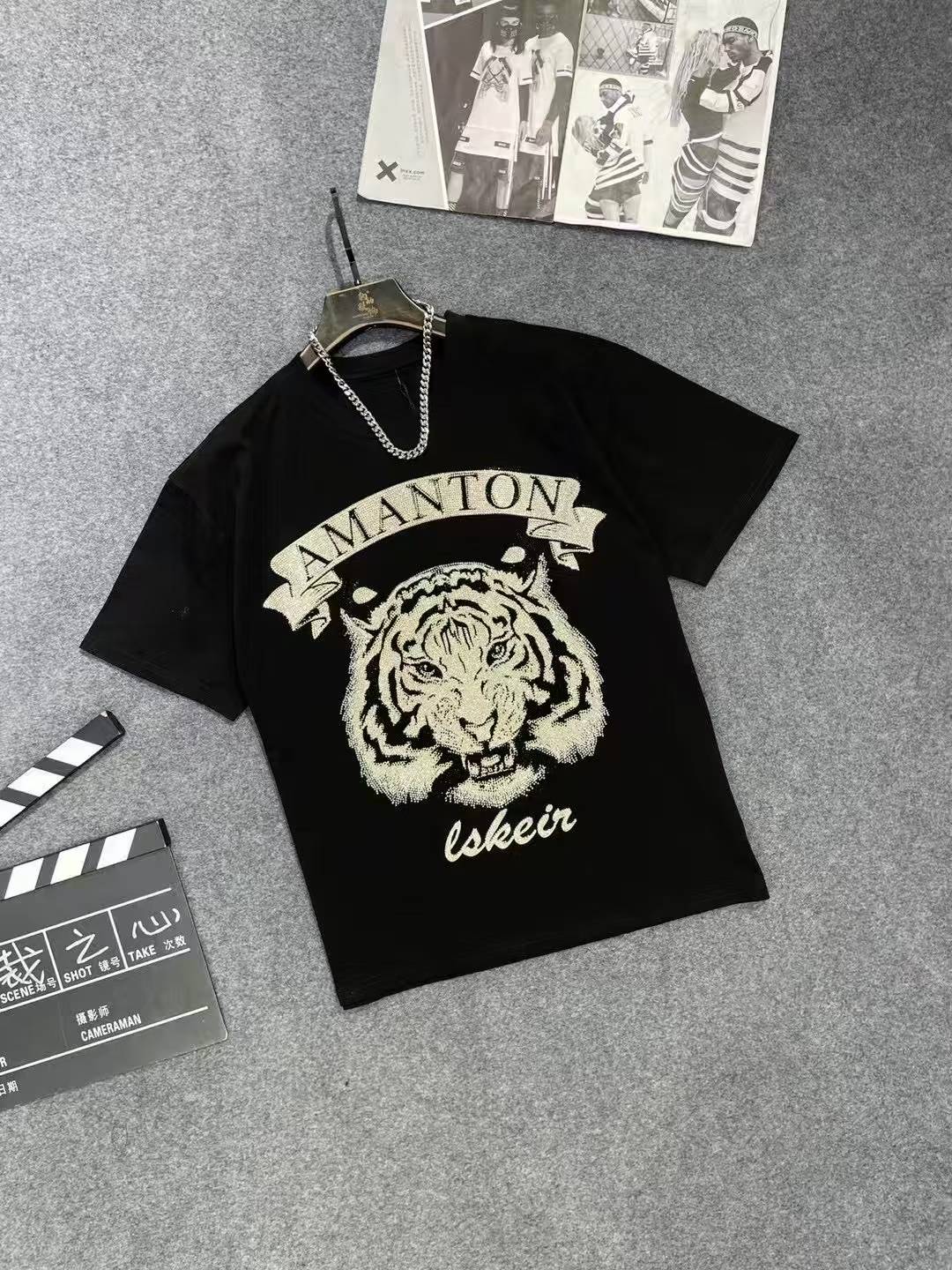 11176新款百搭重工高奢烫钻字母老虎满钻圆领潮牌T恤时尚半袖个性