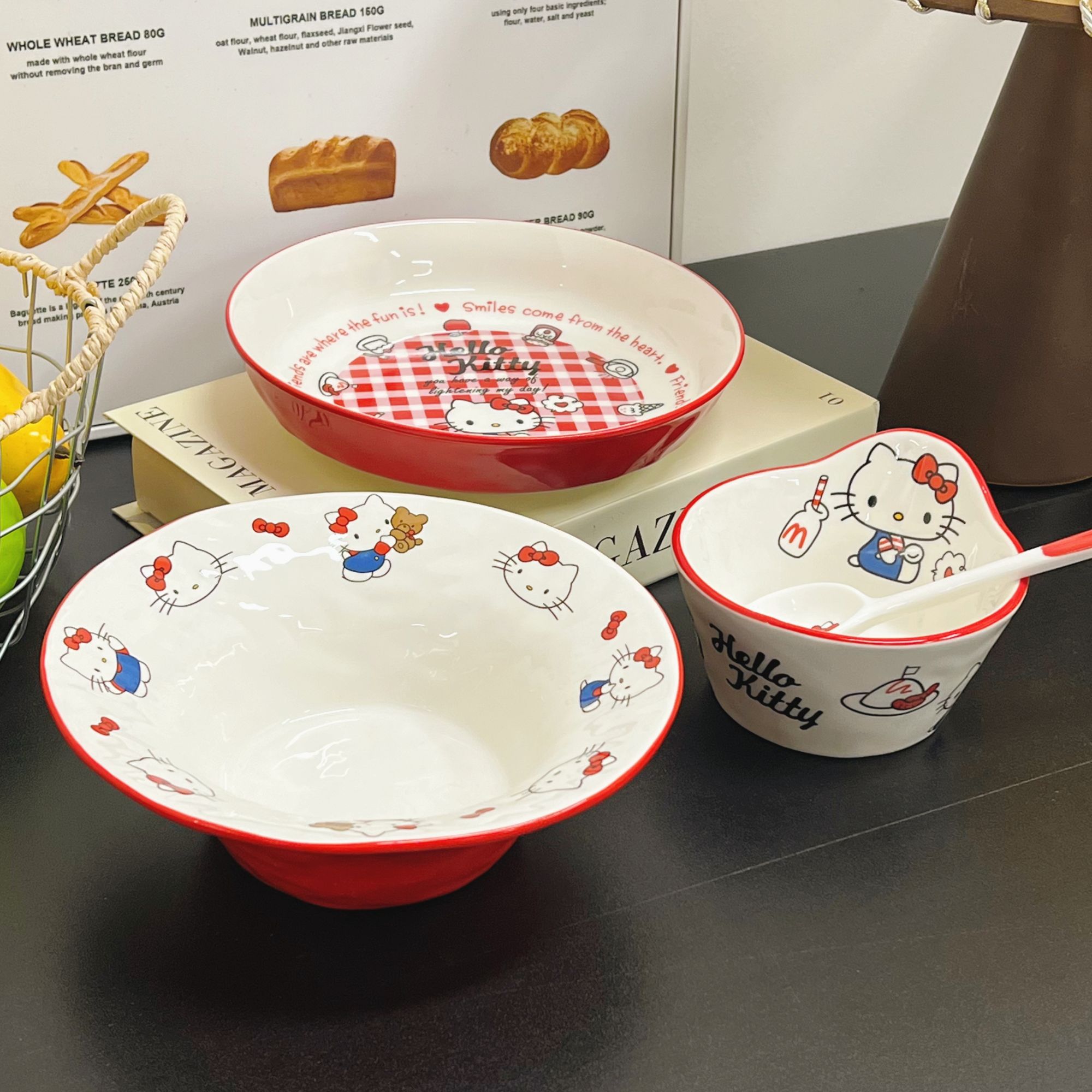 出口尾单 红色经典格纹款卡通家用陶瓷一人食餐具套装盘子米饭碗