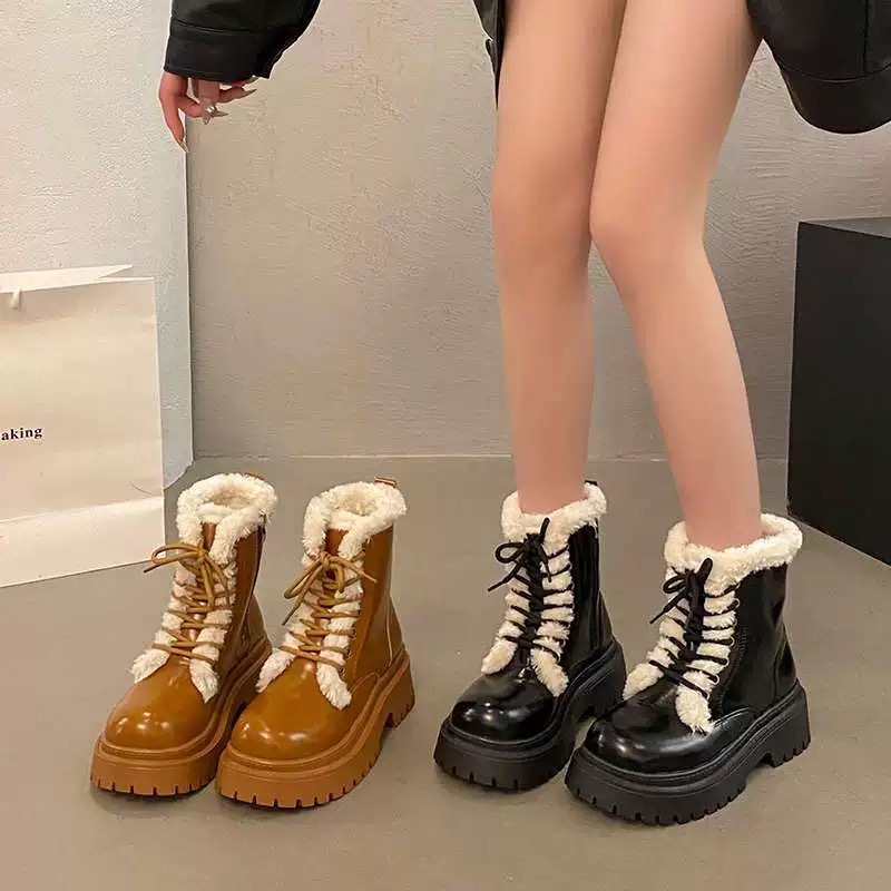 【新疆包邮】W51 大码漆皮马丁加厚绒英伦风增高粗跟靴子