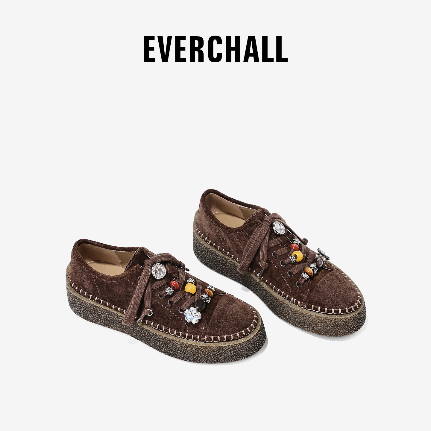 EVERCHALL女鞋秋季新款2025爆款鞋子女款真皮圆头厚底系带德训鞋