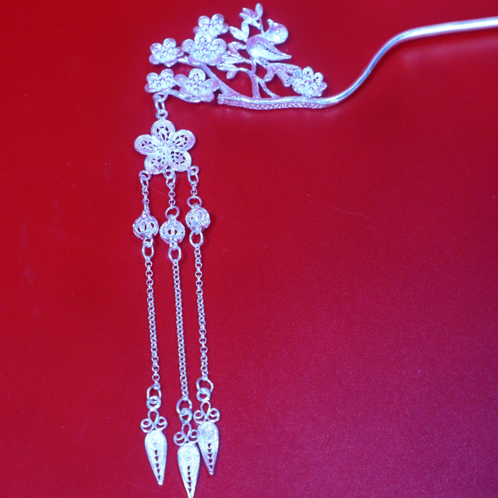 足银银制品 足银梅花流苏发簪 民族风古风款式 女士头饰