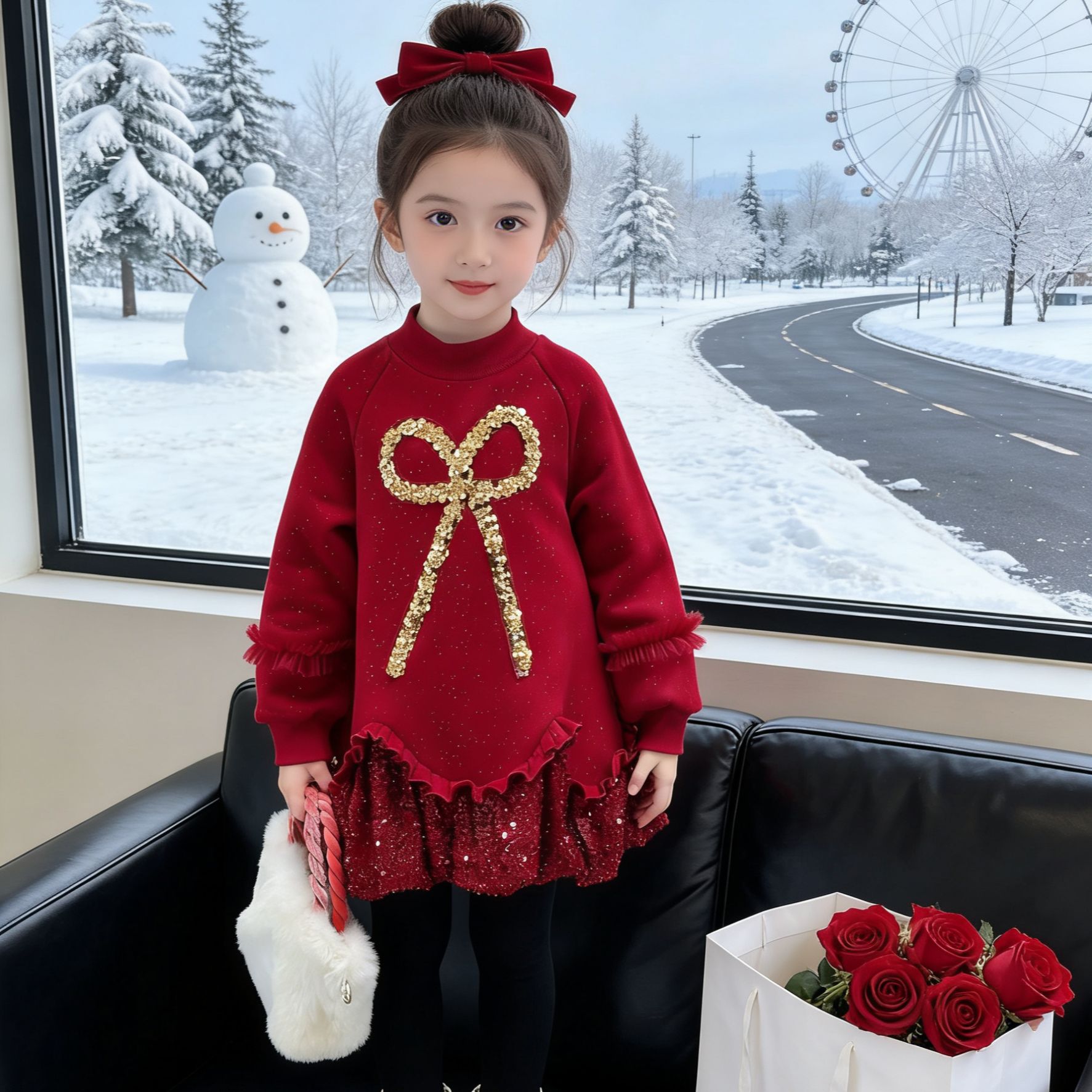 女童加绒连衣裙女孩公主新款红色洋气新年儿童小女孩亮片裙子拜年
