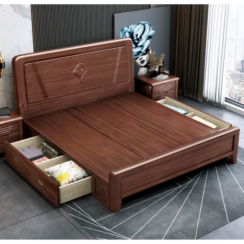 金丝檀纯实木床1.5米大床新中式家用主卧胡桃木双人床1米8储物床
