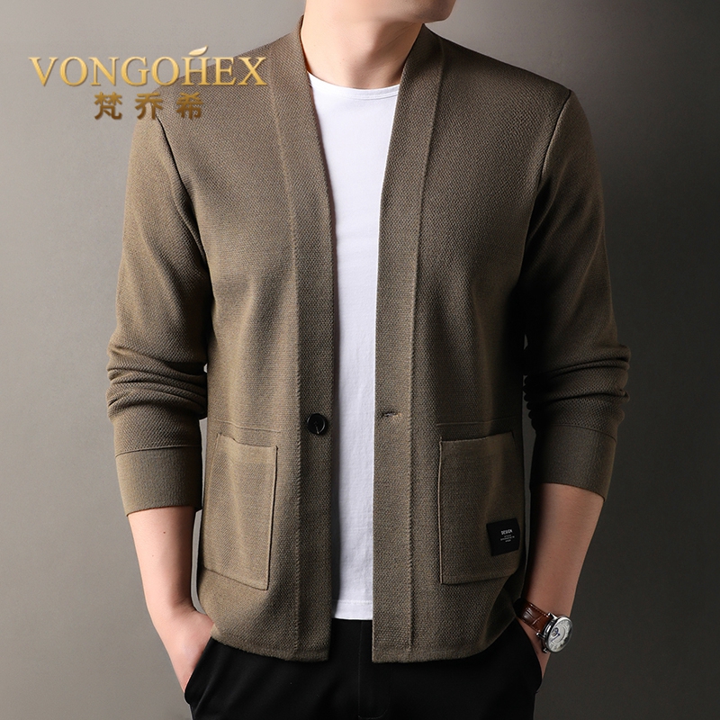 VONGOHEX男士春秋西服休闲时尚毛衣V领纯色外套修身百搭保暖