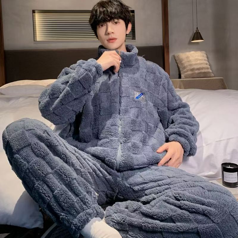 男士加绒加厚时尚华夫格毛绒家居服套装