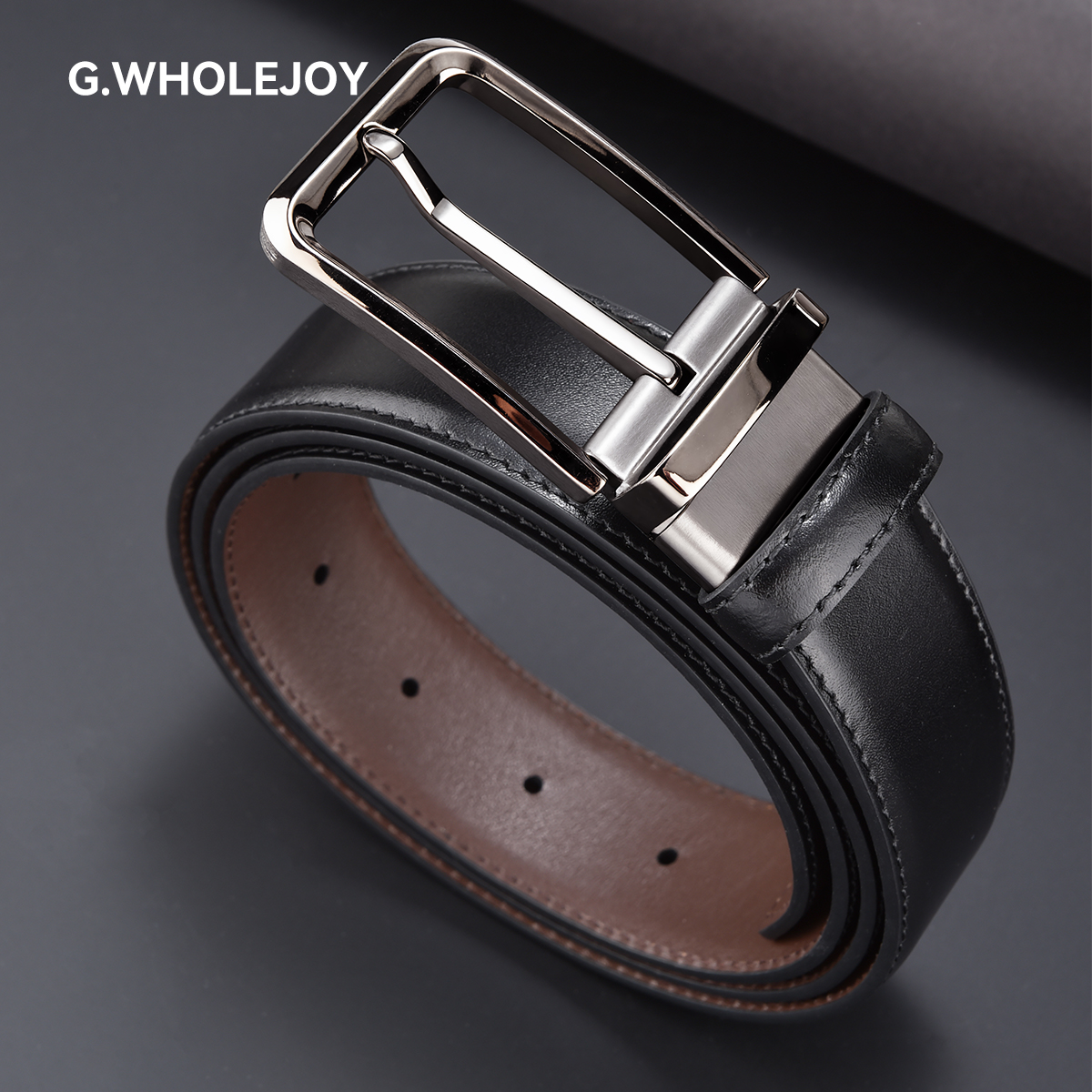 G.WHOLEJOY男士双面旋转不锈钢优雅商务光面轻职风3.5宽皮带2530