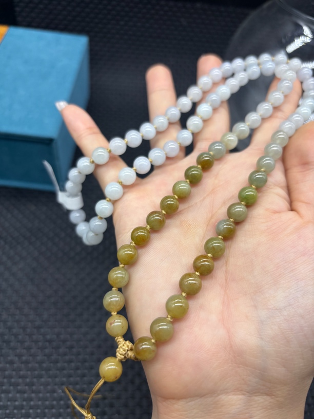 高端天然缅甸A货翡翠老坑冰黄翡圆珠7mm玉石挂件绳毛衣链长链百搭