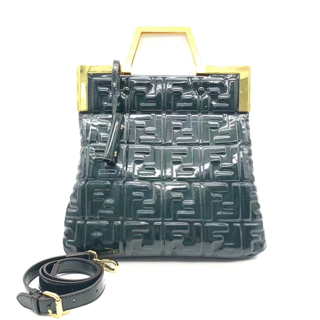 95新 FENDI/芬迪 绿色漆皮手提包
