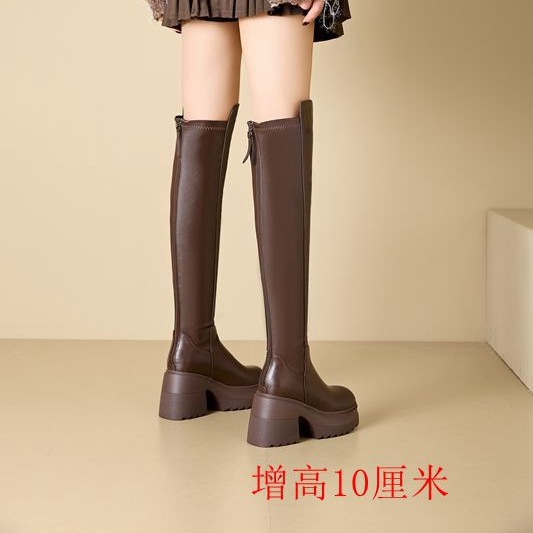 厚底长筒靴女2024新款小个子10cm高跟加绒马丁靴不过膝高筒靴爆款