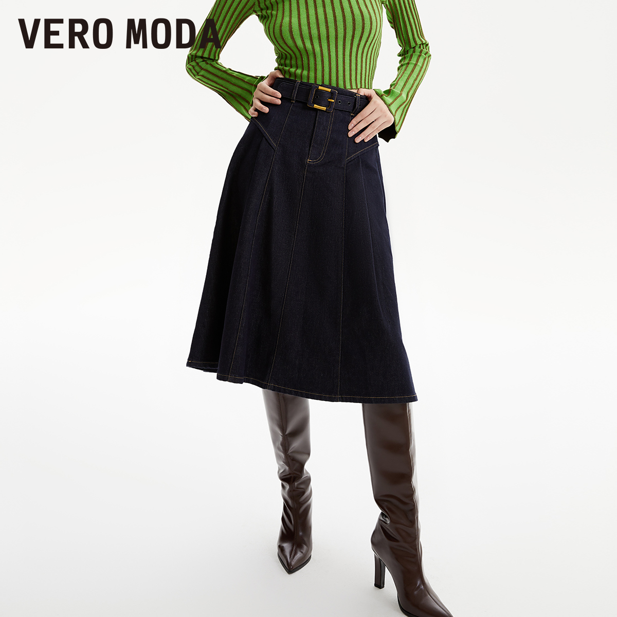 Vero Moda半身裙2025秋季新款含棉腰带高腰牛仔中长裙325437006