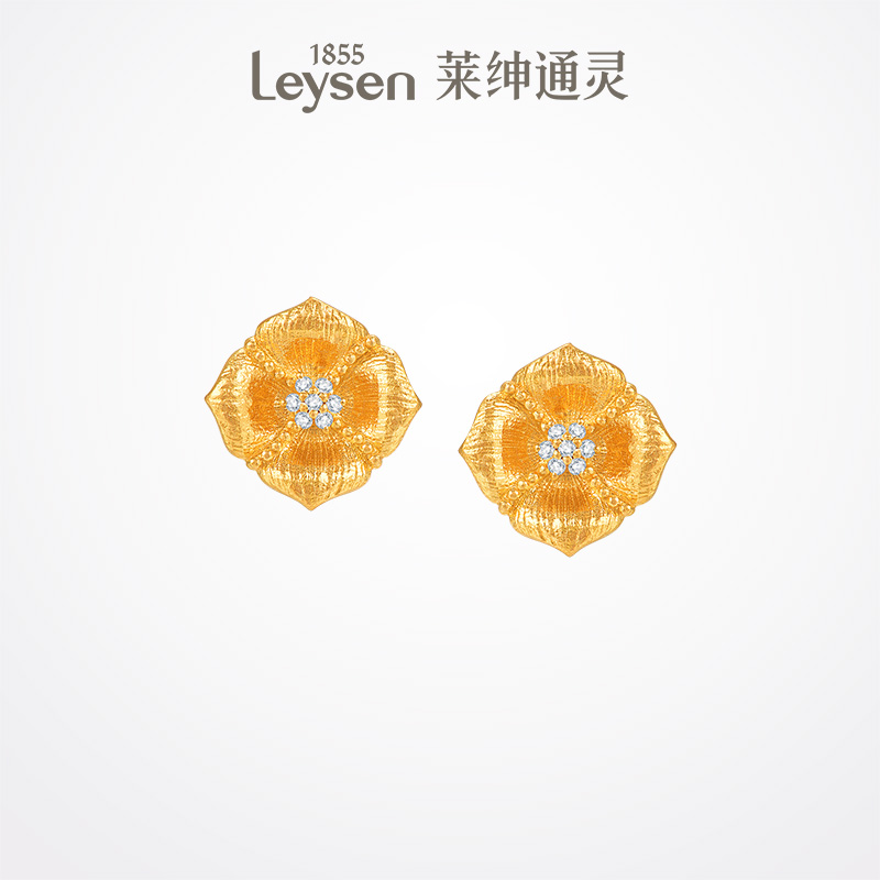 【新品】莱绅通灵Flora系列 四叶花足金999黄金钻石耳钉花型