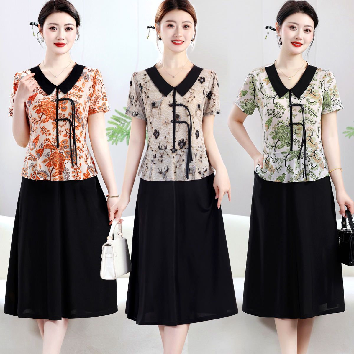 夏季新款妈妈装新中式短袖连衣裙中老年女装时尚假两件气质裙子女