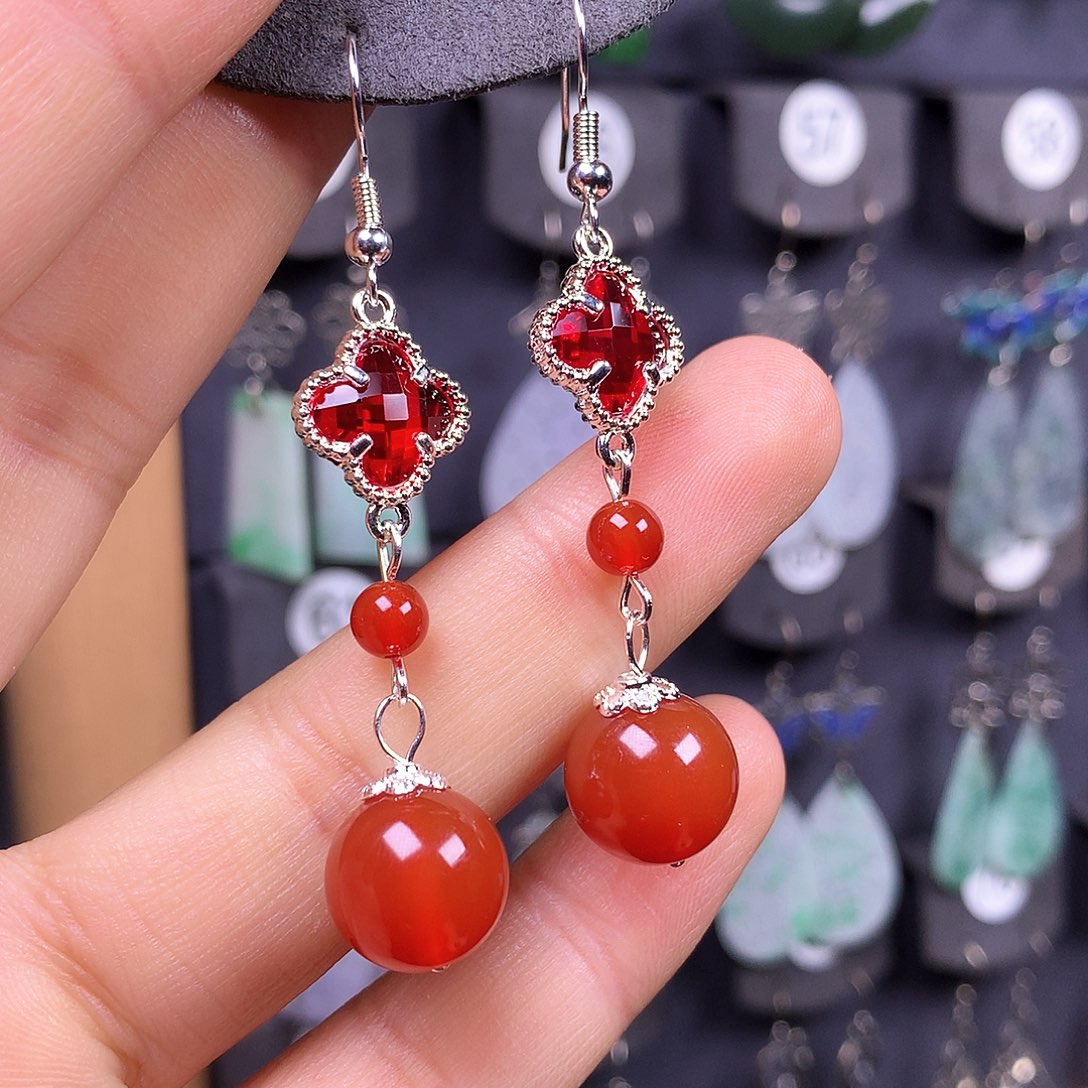 银S925镶嵌耳钉玛瑙/玉髓