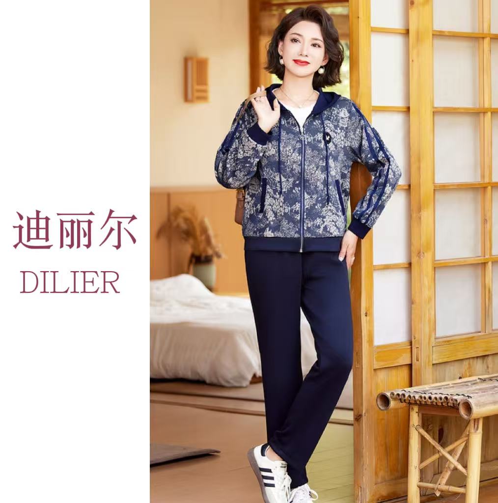 2025秋冬新款新中式休闲运动两件套中老年女装时尚连帽印花上衣