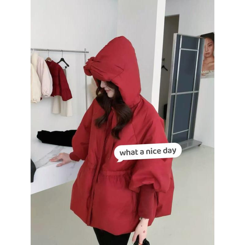 小雅姐姐 蝴蝶结花苞袖韩款加绒圣诞氛围感连帽保暖外套KI50