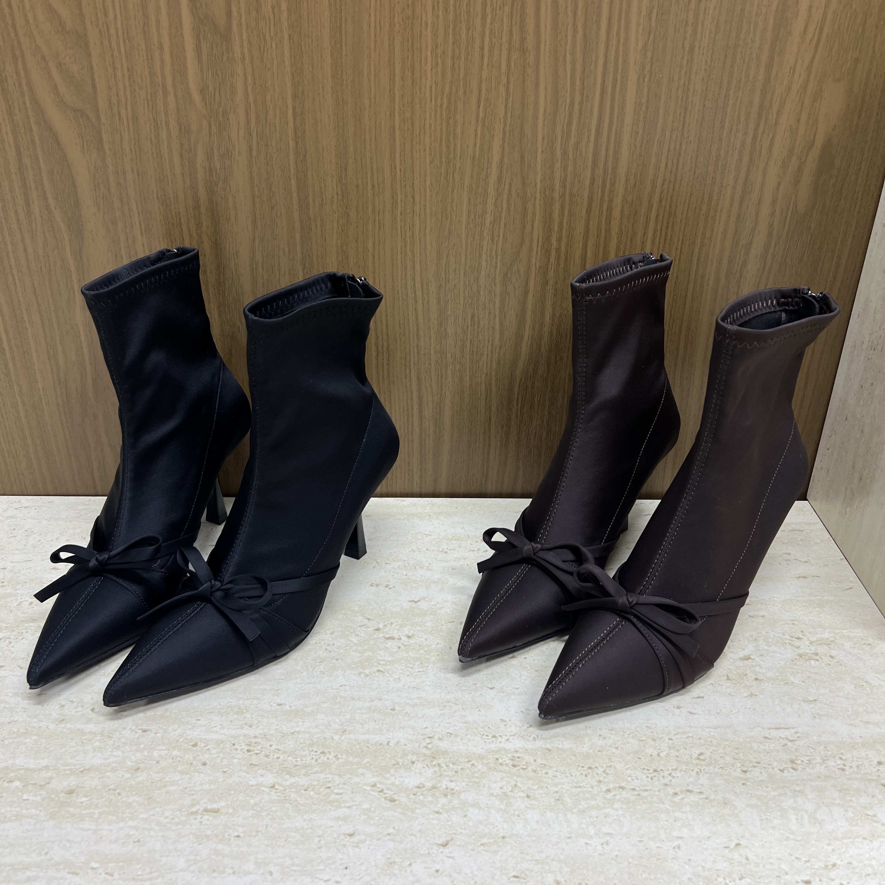 DS 法式蝴蝶结莱卡高跟拉链款短靴-1003