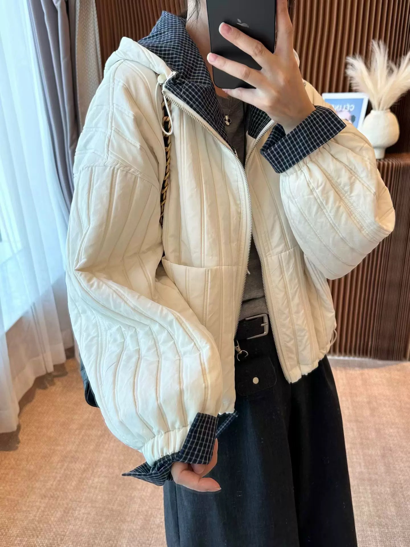 连帽保暖宽松型长袖压花包袖ins冬季棉服棉衣格子拼色秋冬立领