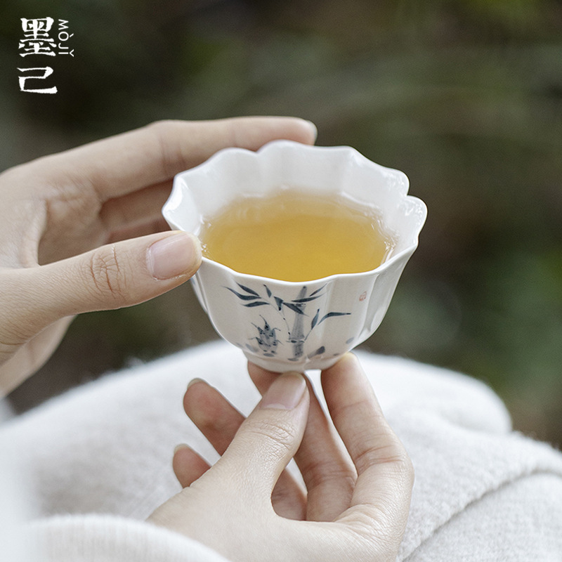 墨己草木灰斑竹枝棱花茶杯功夫茶具陶瓷文人品茗杯斑竹枝主人杯