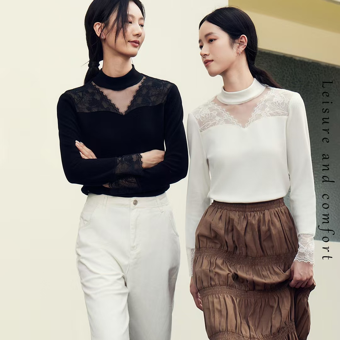 706女士十分V镂空蕾丝奥绒打底衫