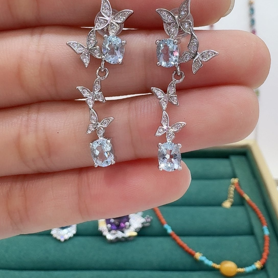 海蓝宝石耳坠银S925镶嵌—117