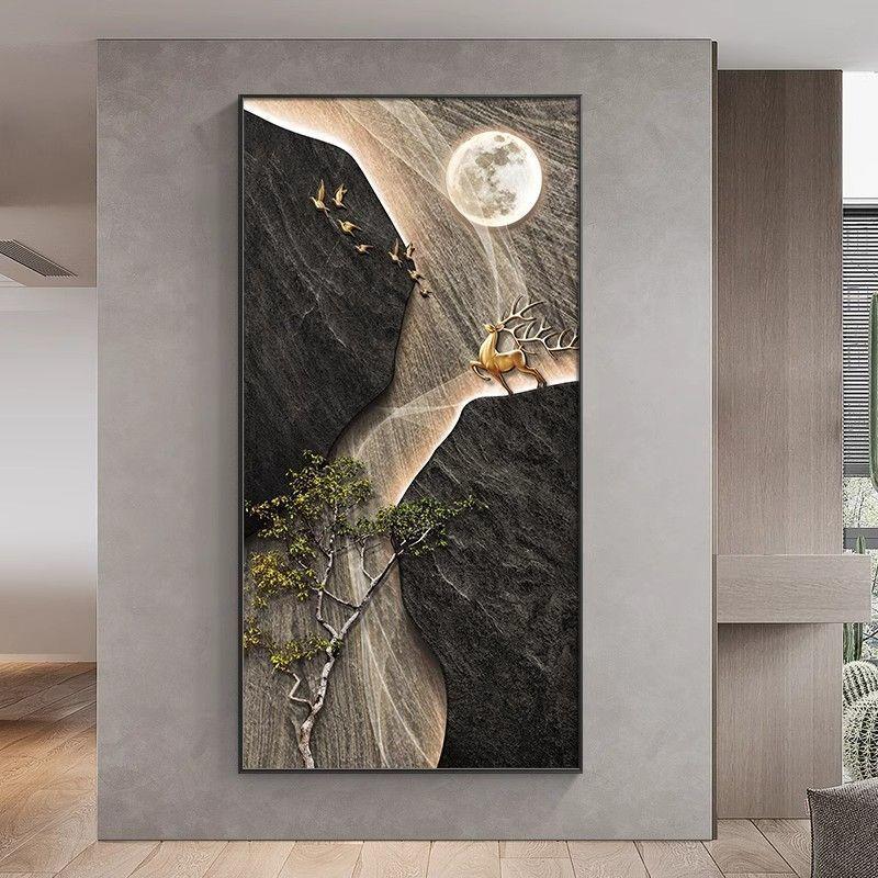石来运转玄关装饰画砂岩高级感麋鹿挂画侘寂风日式竖版客厅壁画