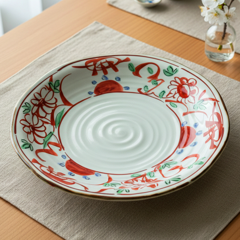 日本进口濑户烧赤绘花8.0皿菜盘大盘果盘手绘陶瓷盘子红色摆盘