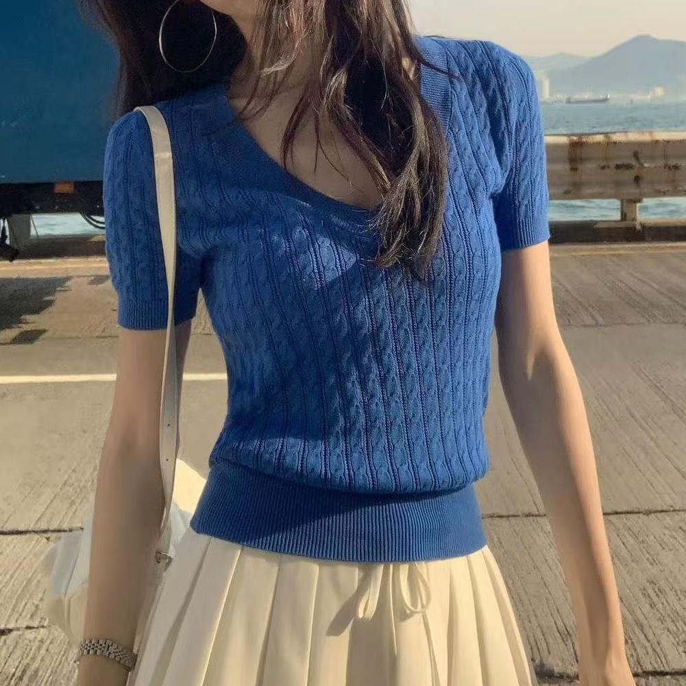 2025新款条纹V领套头针织衫上衣短袖女夏季麻花修身女装上衣毛衣