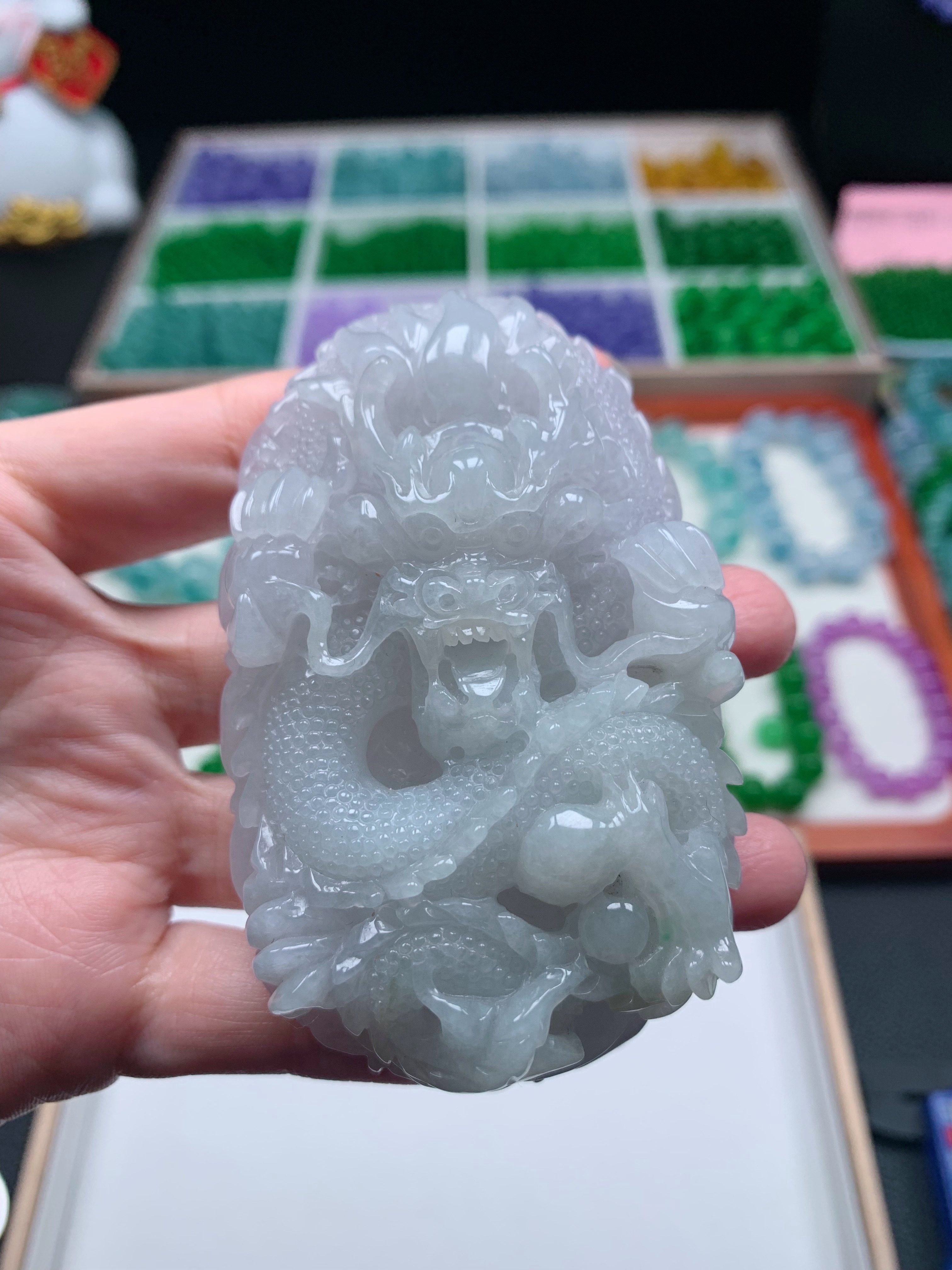 缅甸翡翠白冰起胶精雕龙牌 83-52-18.2