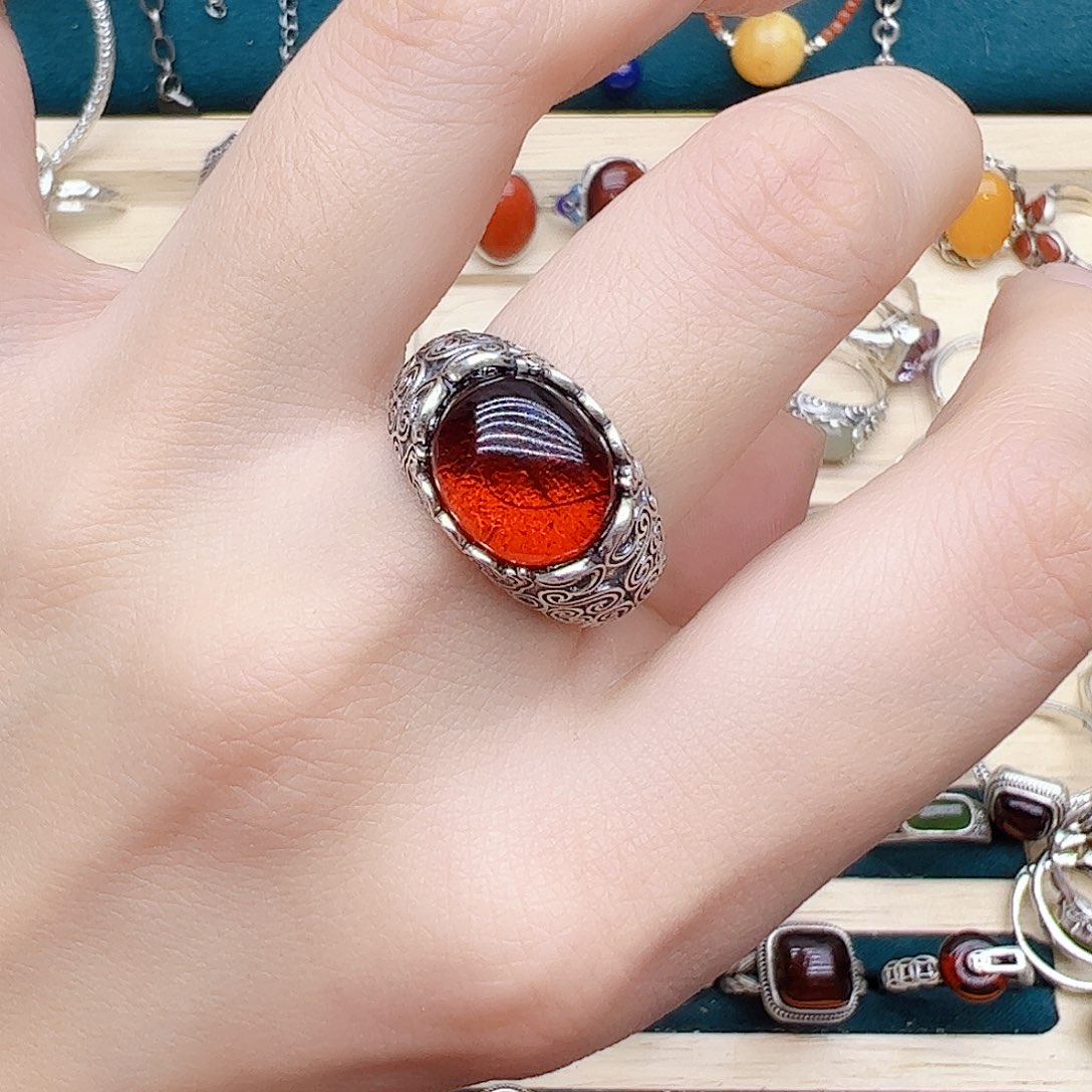 血珀戒指银S925镶嵌天然