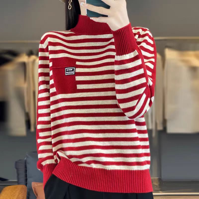 经典条纹韩系时尚百搭撞色针织长袖上衣秋季保暖休闲毛衣女H743
