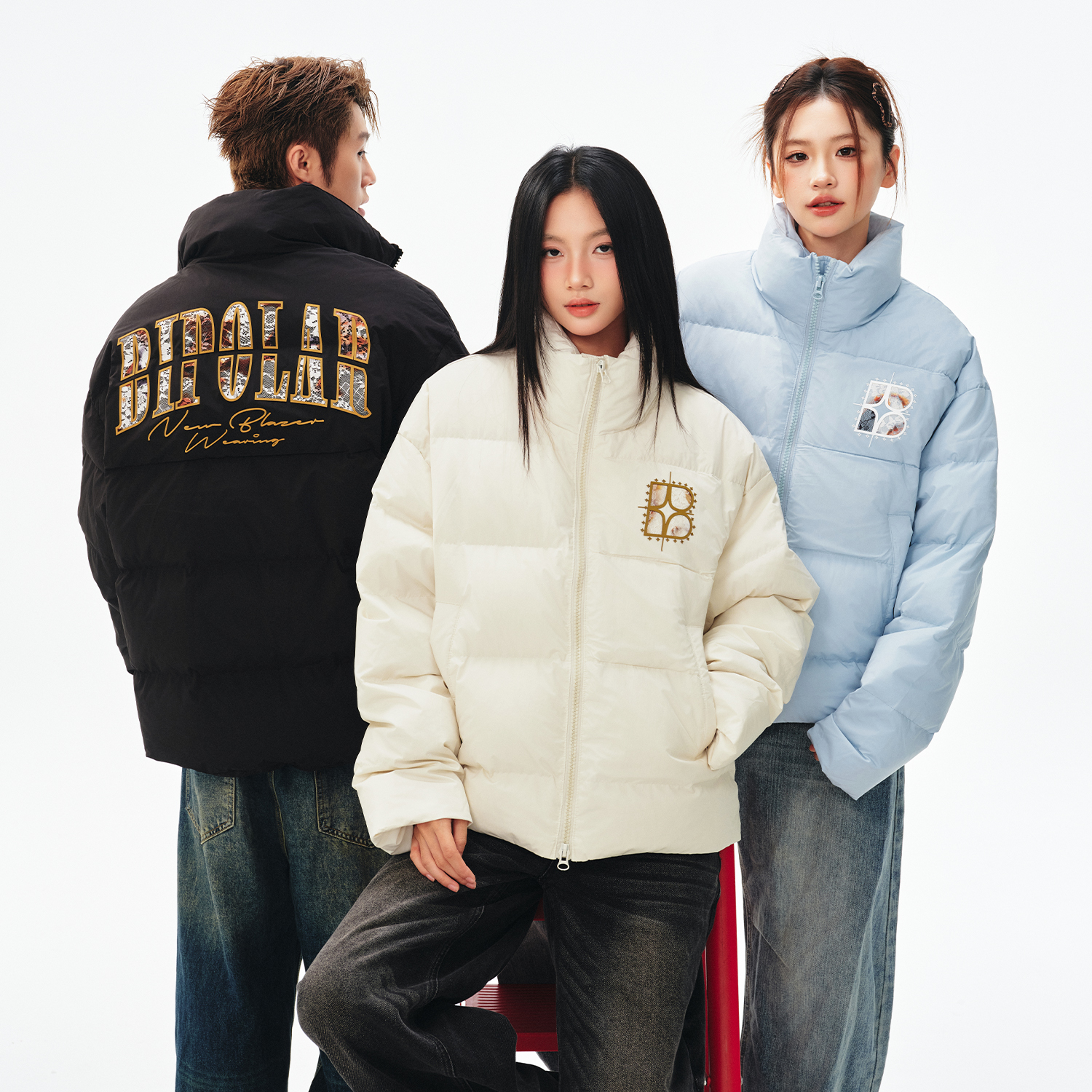 BIPOLAR火焰蕾丝贴布休闲宽松保暖立领冬季百搭羽绒服 21S293