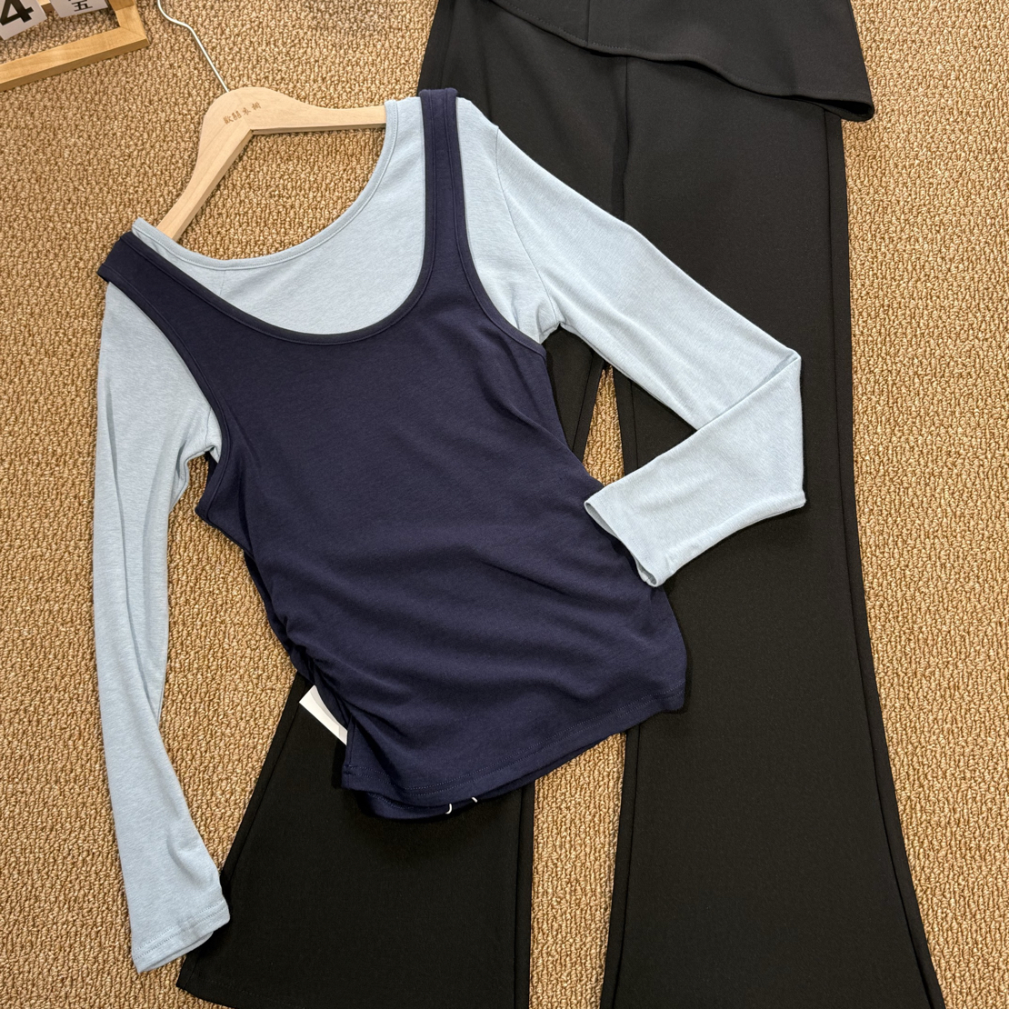 真两件长袖t恤女装撞色拼接修身内搭打底上衣