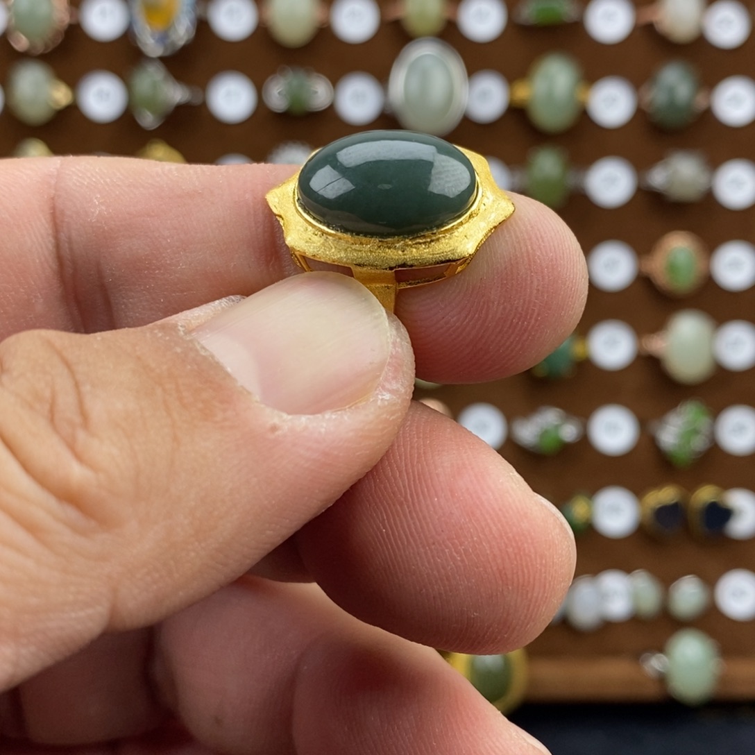 *****和田玉（青玉）银S925镀金镶嵌戒指