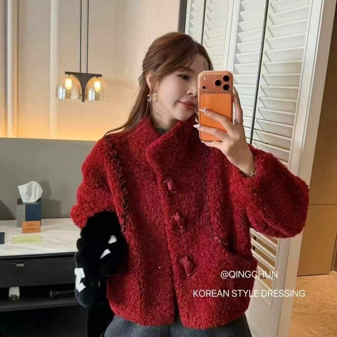 轻奢风冬季新款加厚花边拼接立领毛毛短款外套女韩版宽