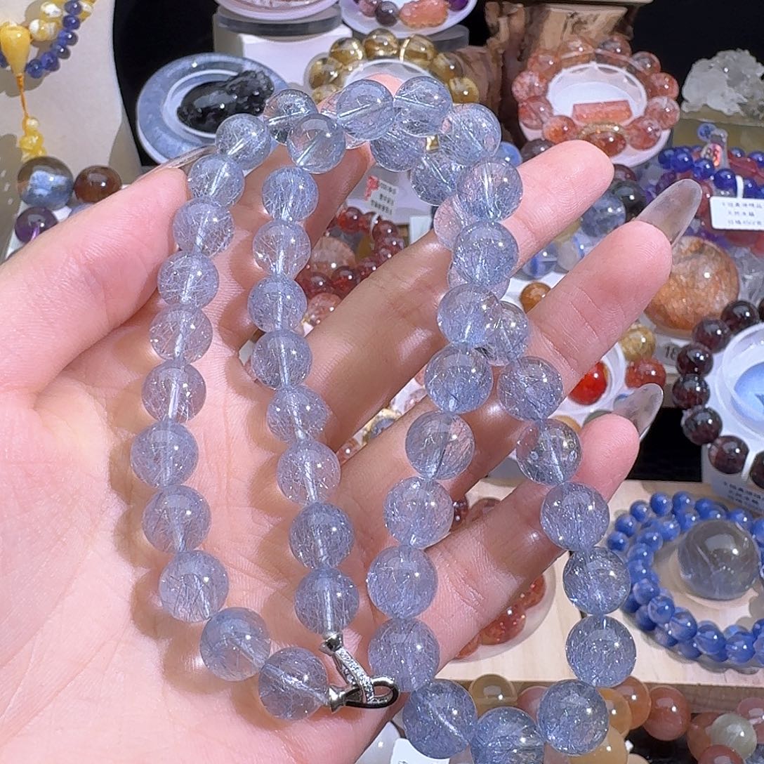 水晶手链18K金镶嵌珍天然巴西蓝钢丝项链2