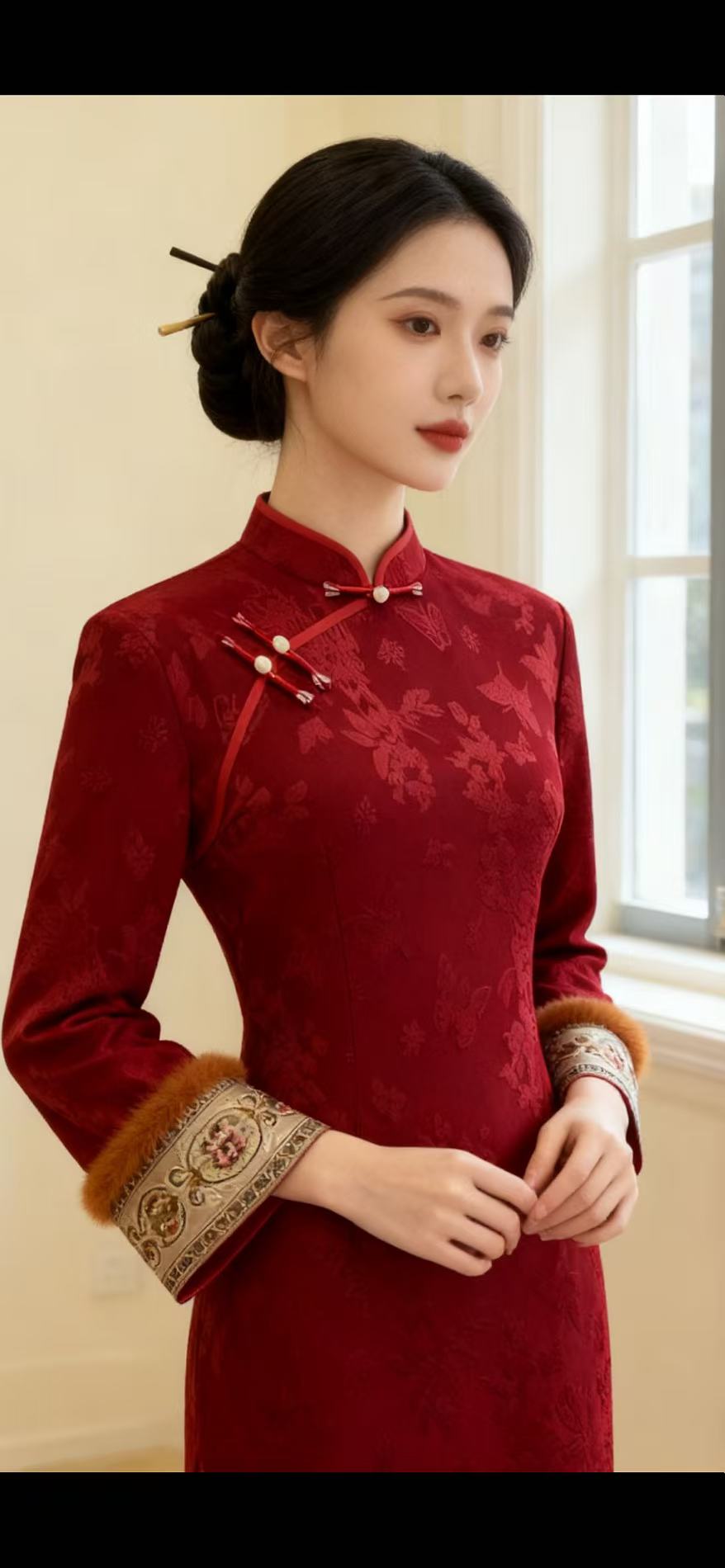 2025秋冬新款加绒旗袍中式红色复古气质改良订婚礼服连衣裙敬酒