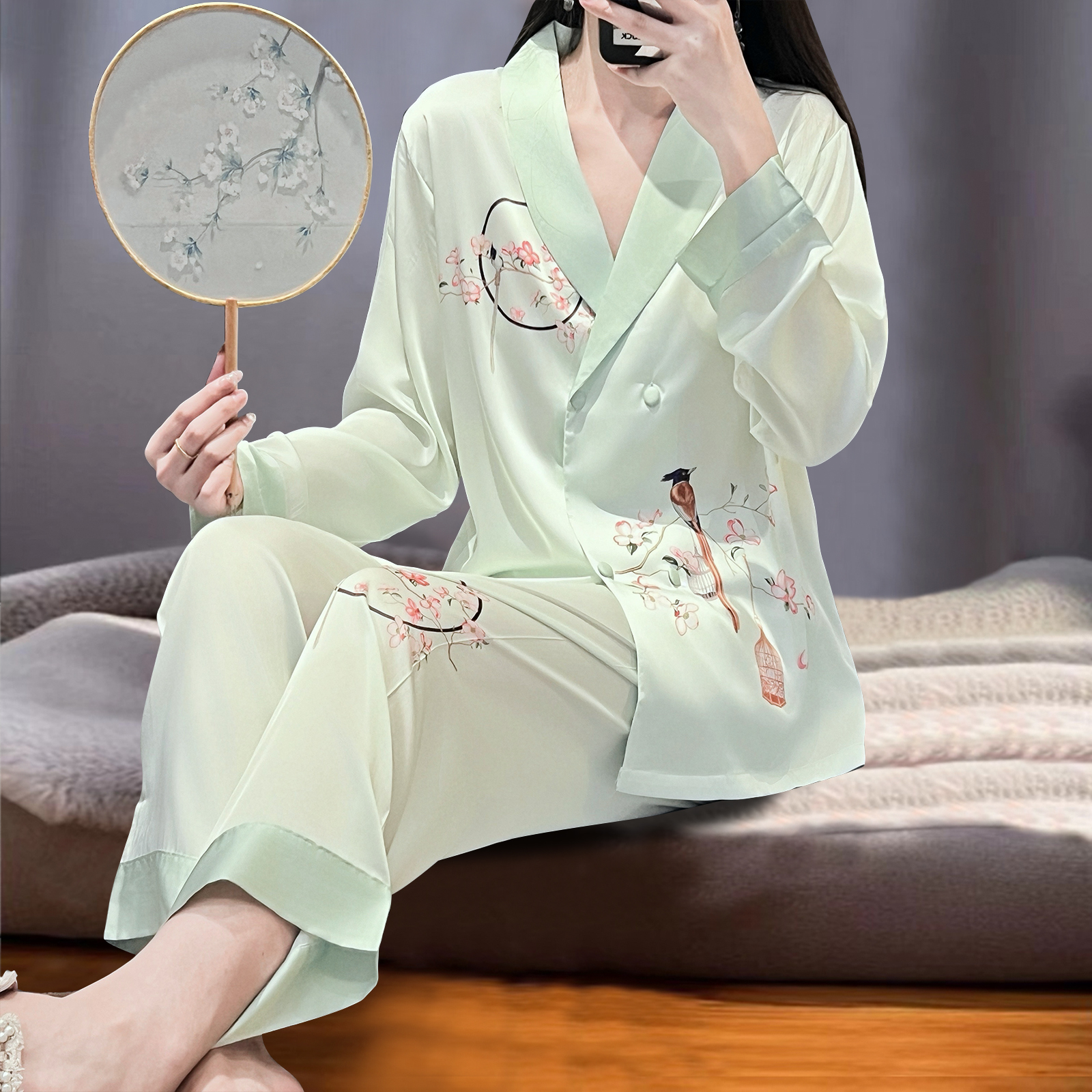 高级感2025新款国风水光绸睡衣女套装春秋款长袖薄冰丝外穿家居服