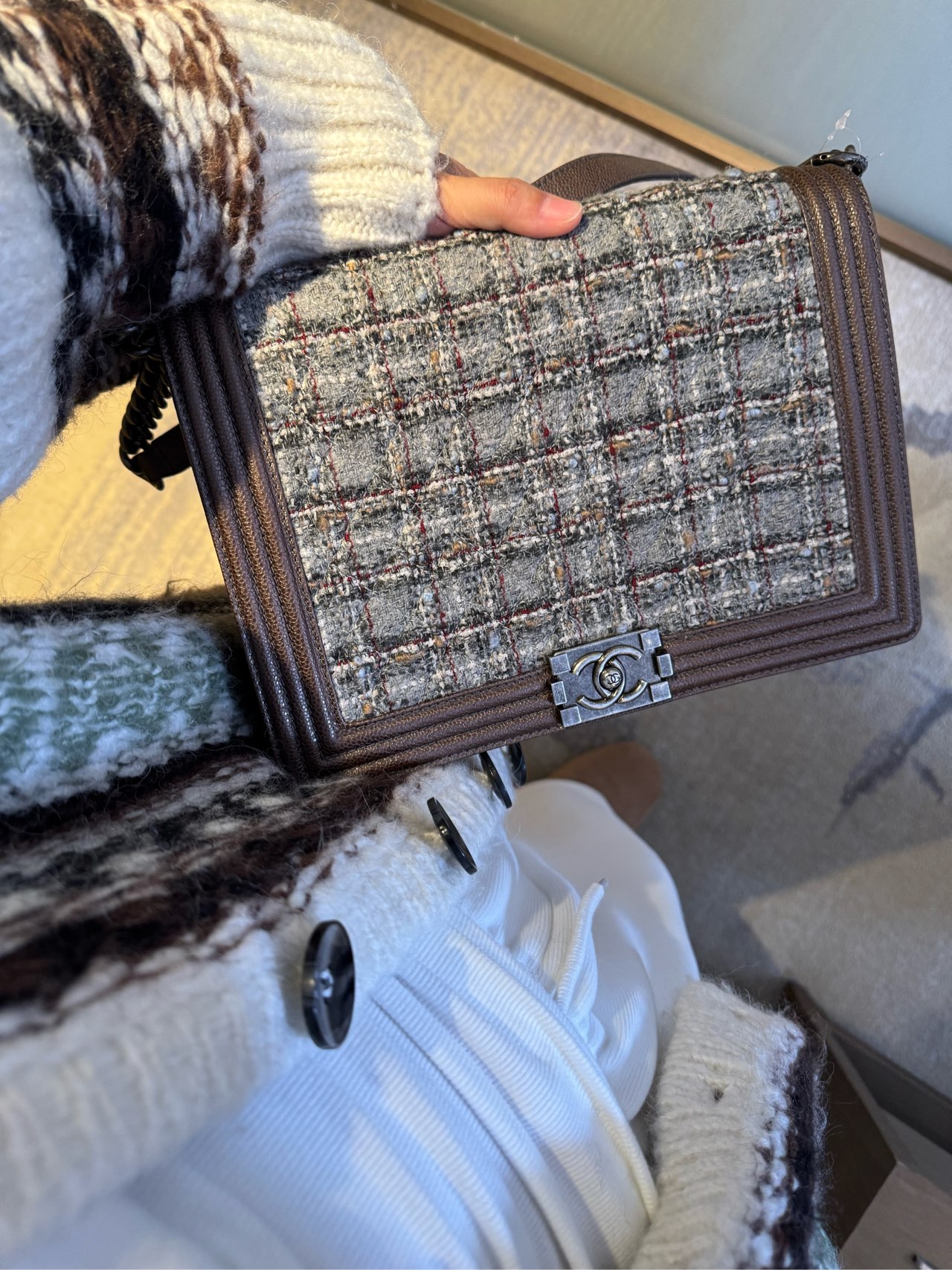95新 Chanel/香奈儿 leboy包 咖啡色毛呢大号 30cm 18开 11244322