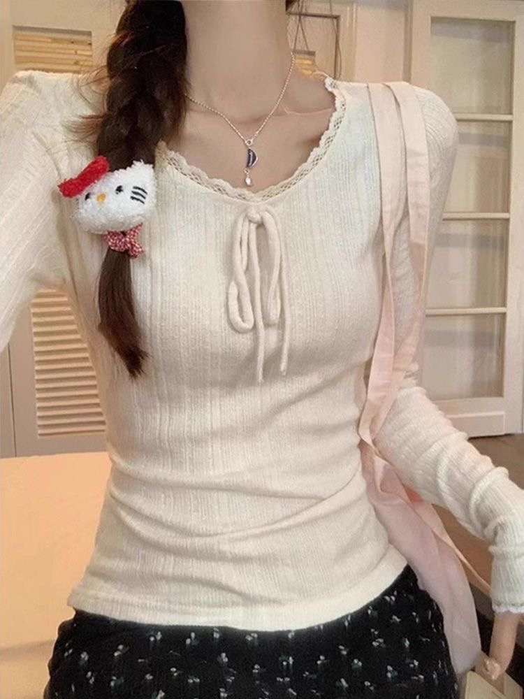夏季显瘦长袖薄款韩系女款薄款打底T恤蕾丝针织性感