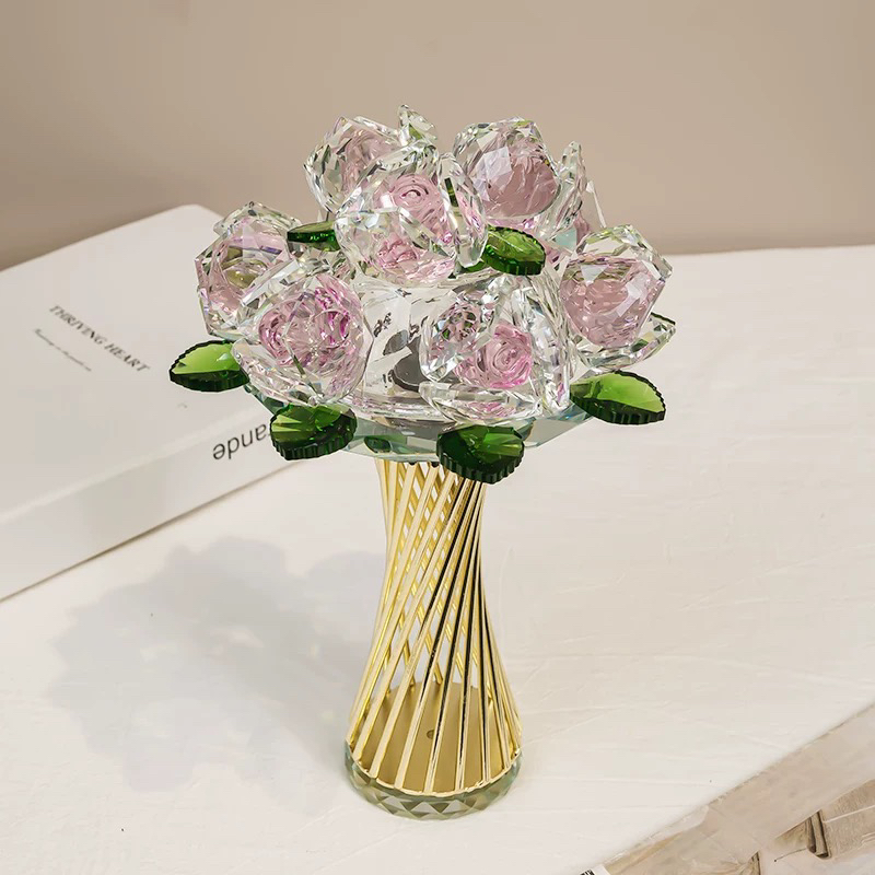水晶手捧花水晶玫瑰花摆件桌面摆件高档礼品送礼