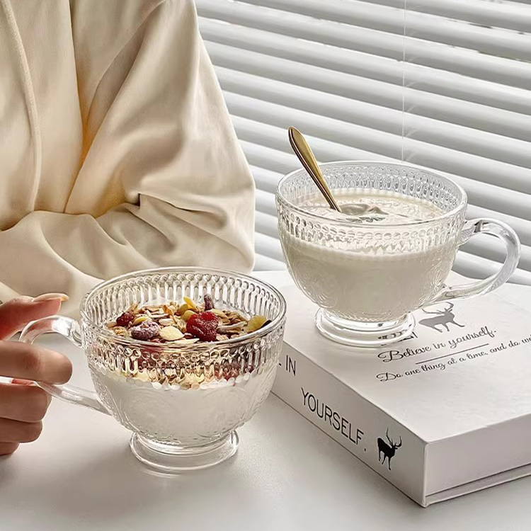 太阳花大容量玻璃杯简约浮雕早餐燕麦杯水杯茶杯玻璃水杯透明家用