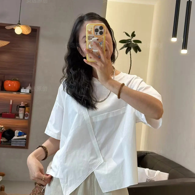 25217-夏季简约宽松纯色圆领短袖拼接长款速干通勤T恤