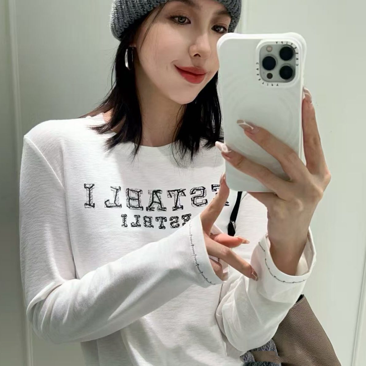 珊珊家欧货高品质显瘦长袖圆领休闲常规字母T恤半袖