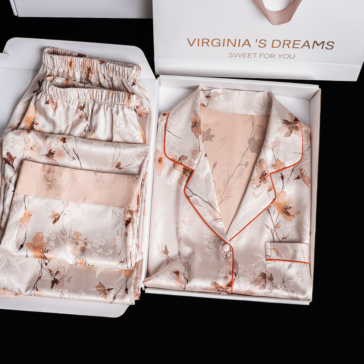 达芬奇密码香槟枝睡衣女夏季2025年新款三件套夏女家居服套装