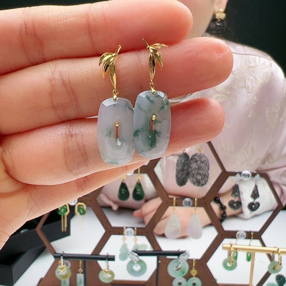 翡翠耳饰18K金镶嵌天然翡翠