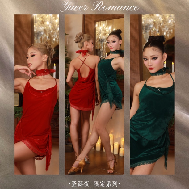 Yueer『甜心裙』丝绒钻网条织布蕾丝花边连衣裙流苏裙尾拉丁服