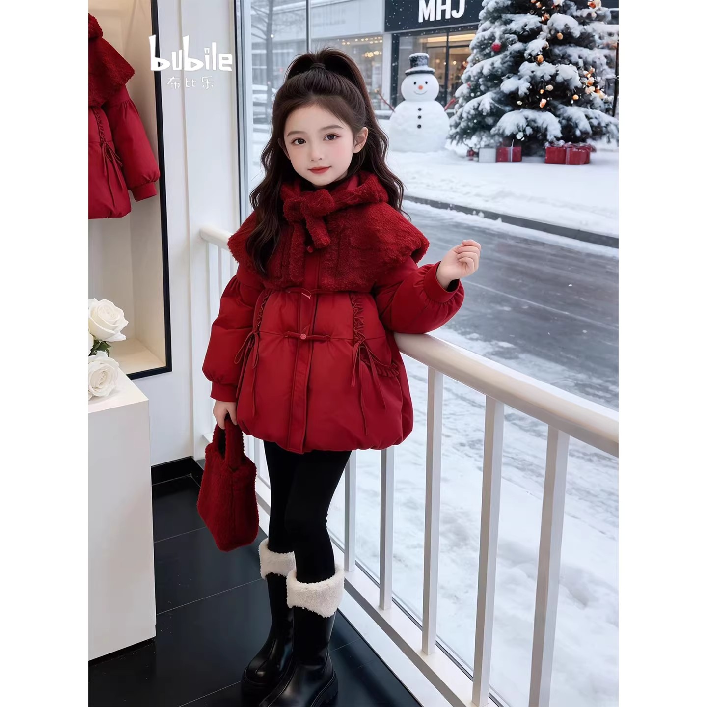 女童红色新年棉服2025新款中大童加厚连帽棉袄冬季国风保暖外套