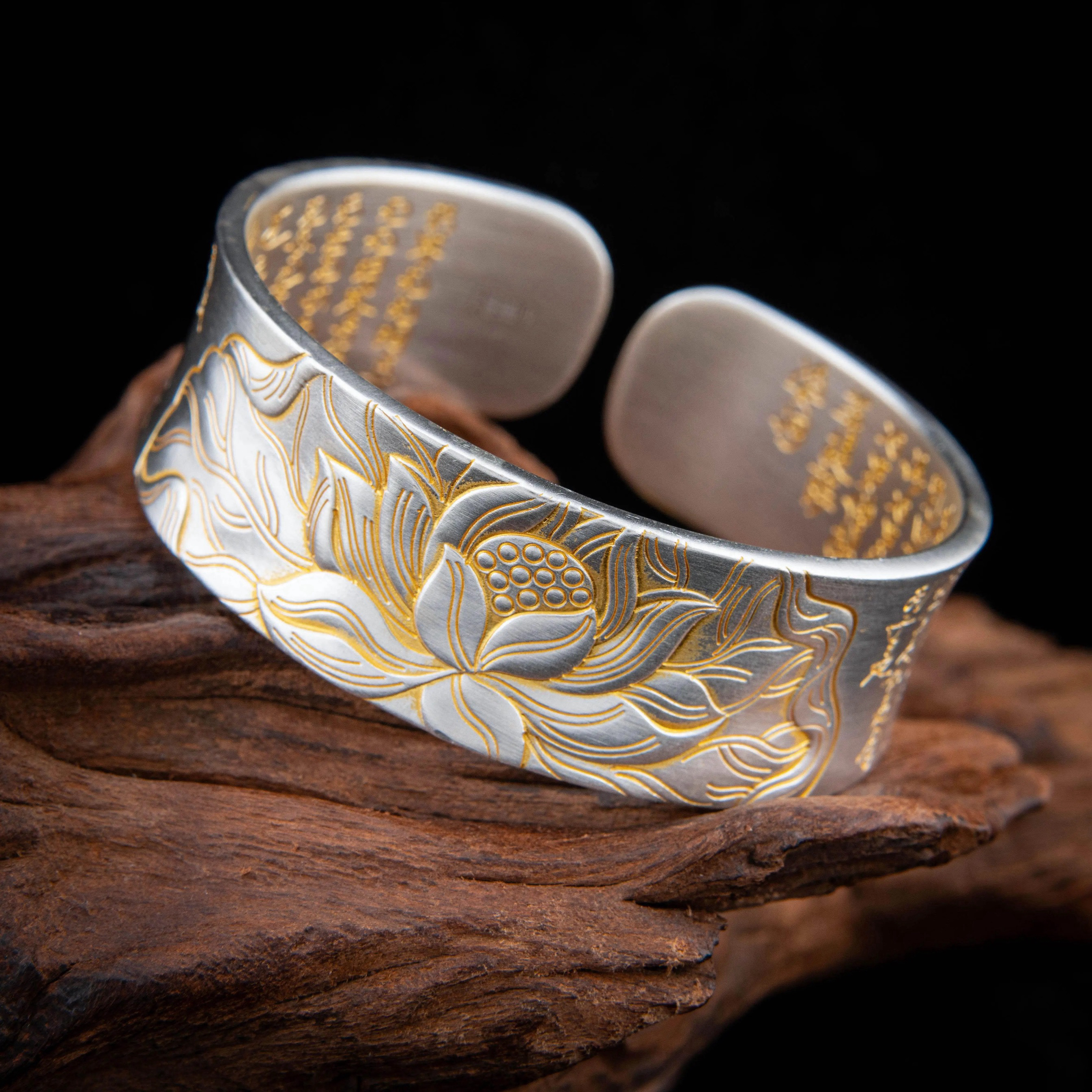 足银手镯 描金银手镯999.9纯银古法莲花心经银镯子女宽面开口实心